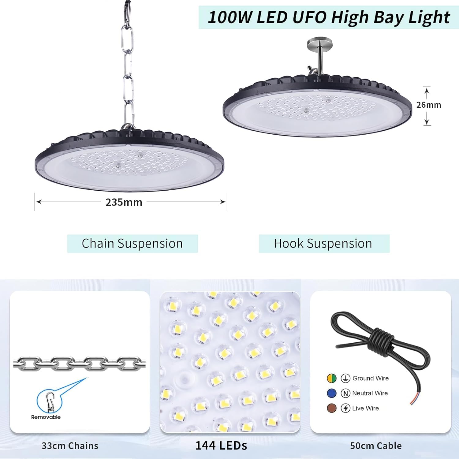 Campana LED Industrial UFO 100W, 6000K-6500K Blanco Frío, IP65 Impermeable, Foco LED de Alta Bahía para Nave Industrial, Taller, Almacén, Garaje, Fábrica y Área Comercial