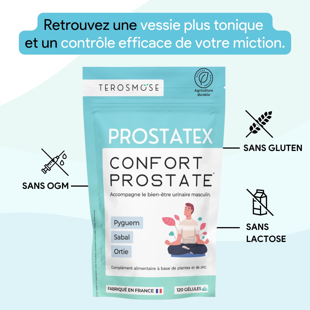Prostatex • Confort urinaire & HBP | Prostate | Formule naturelle et vegan avec Saw palmetto, Ortie, Pépin de courge, Palmier nain, Pygeum africanum, Prunier d'afrique • Made in France - 120 gélules