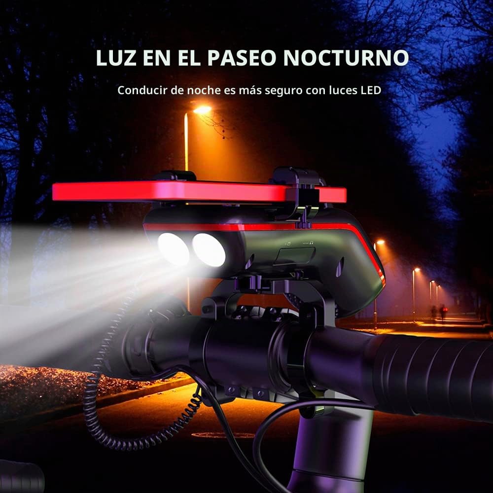 UPPEL Altavoz Bluetooth Bicicleta Portatil Bluetooth 5.1 + Altavoz + 5000mAh Banco de Energía + Luz para Bici +Timbre de Bici + Soporte Móvil Bici Llamadas sin Manos Tarjeta TF IP54 10 en 1 Diseño