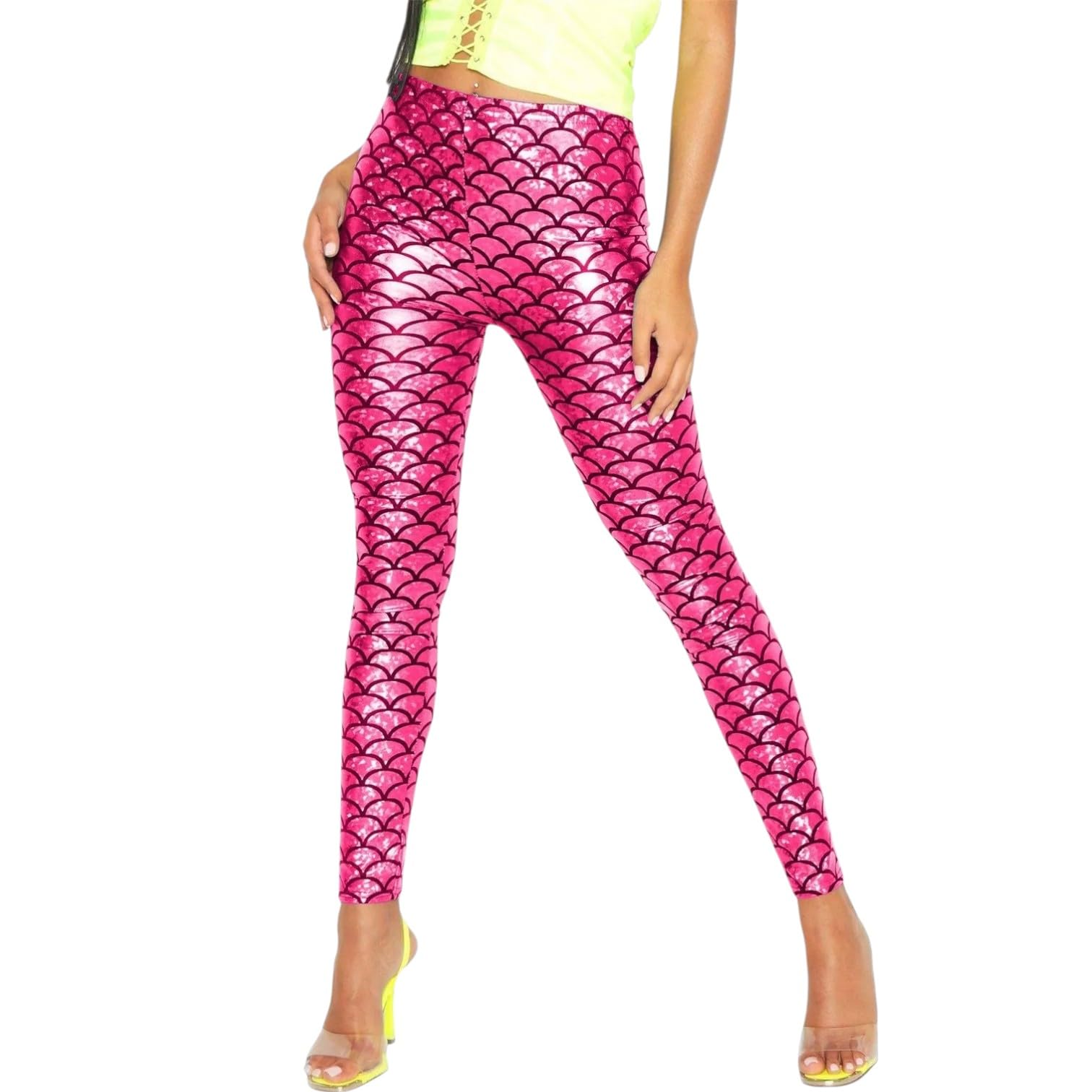 Sxme Might Say Women's Cerise Shiny Mermaid Fish Scale Leggings – Stylish Slim Fit Stretchy Pants (Uk, Numeric, 8, 22, Regular, Regular, Xl (16-18), )