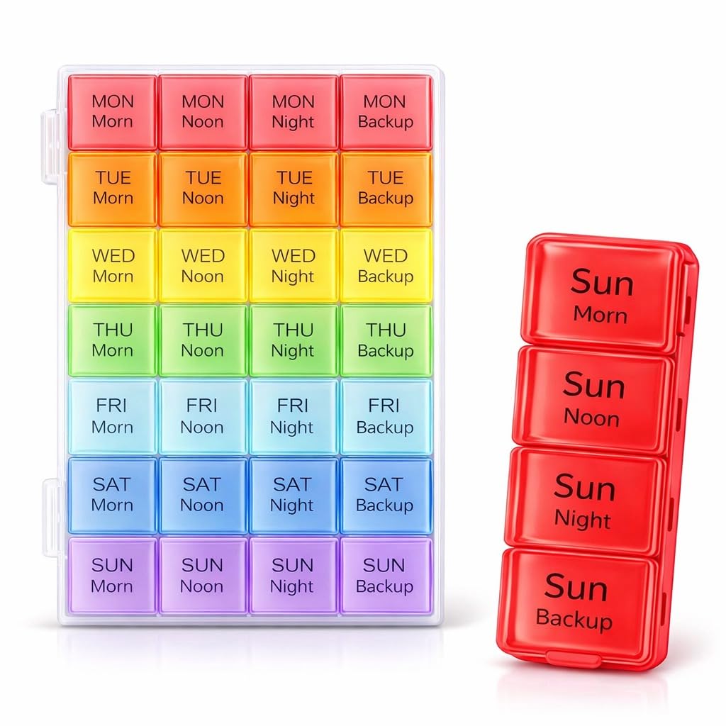 Sumiko Pill Box Medicine Organizer |Size 18 x 11.5 cm| Weekly 7 Days 4 Times Storage 28 Compartments Case Moisture-Proof Portable Week Holder Container Daily use Planner Ideal for Travel Easy to Use Food Grade Material BPA Free (A6P0)-image-38