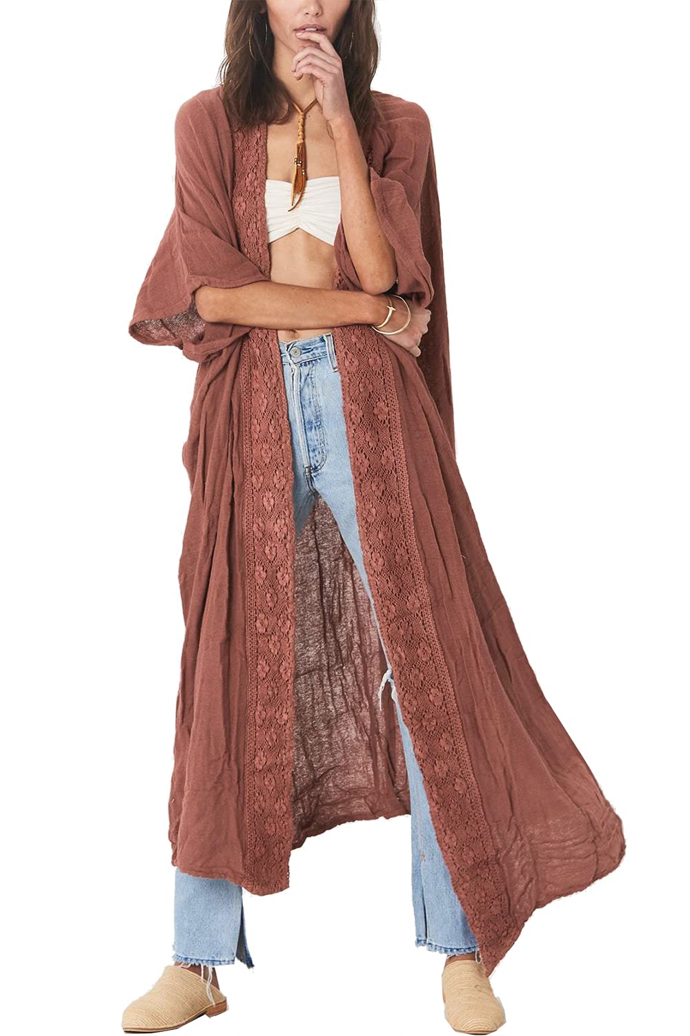 L-Peach Kimono Ropa de Dormir Bohemia Kaftan Vestido de Playa Cover Ups Sarong para Mujer
