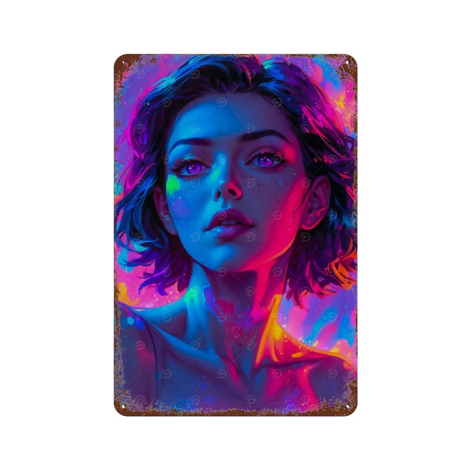 Neon Girl Portrait 11.8"x7.9" Vintage Rust Metal Sign, Decorative Metal Wall Art for Bistro, Counter And Cafe Decor