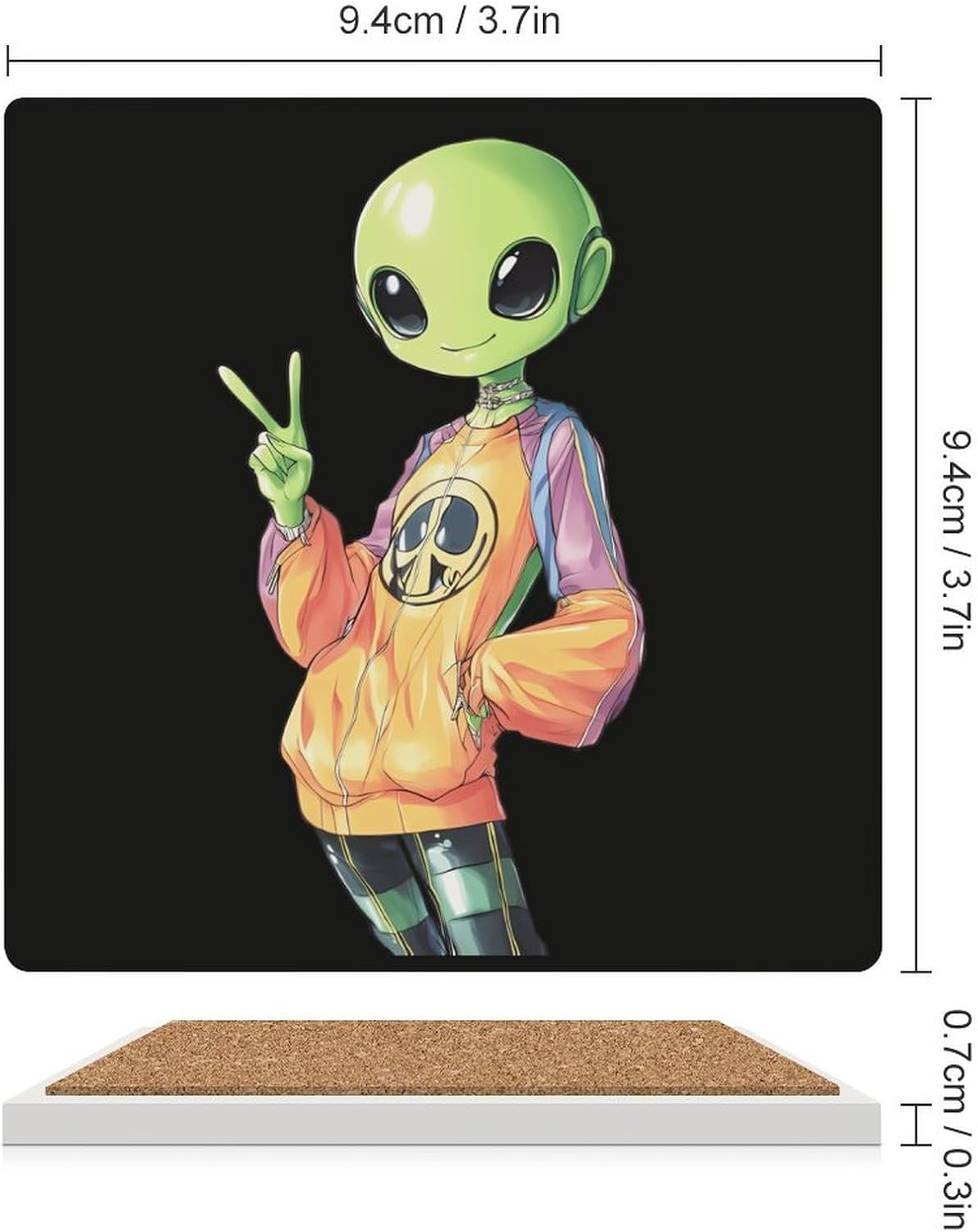 Aliens Peace Sign Funny Ceramic Coasters for Drinks Absorbent Cup Holder Tabletop Protector with Cork Base