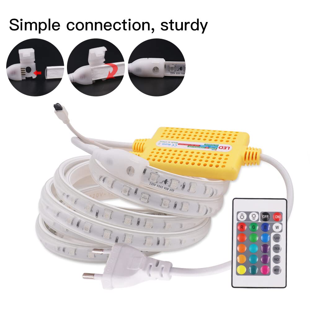 RGB LED Streifen, 15M 220V SMD5050 60LEDs/m Flexibel Bunt Streifen, Außenbereich Multi-Farbwechsel LED Lichtband mit 24 Tasten Fernbedienung & 1000W Wasserdichte Regler für Wohnzimmer, Balkon