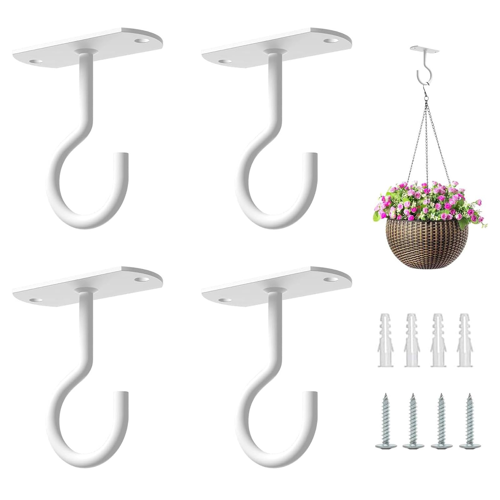 4Pcs Ceiling Hooks for Hanging Plants, Heavy Duty Metal Ceiling Hooks with 8 Accessories, White Wall-Mounted Plant Hangers for Bird Feeders, Hanging Basket Bracket for Indoor and Outdoor Use
