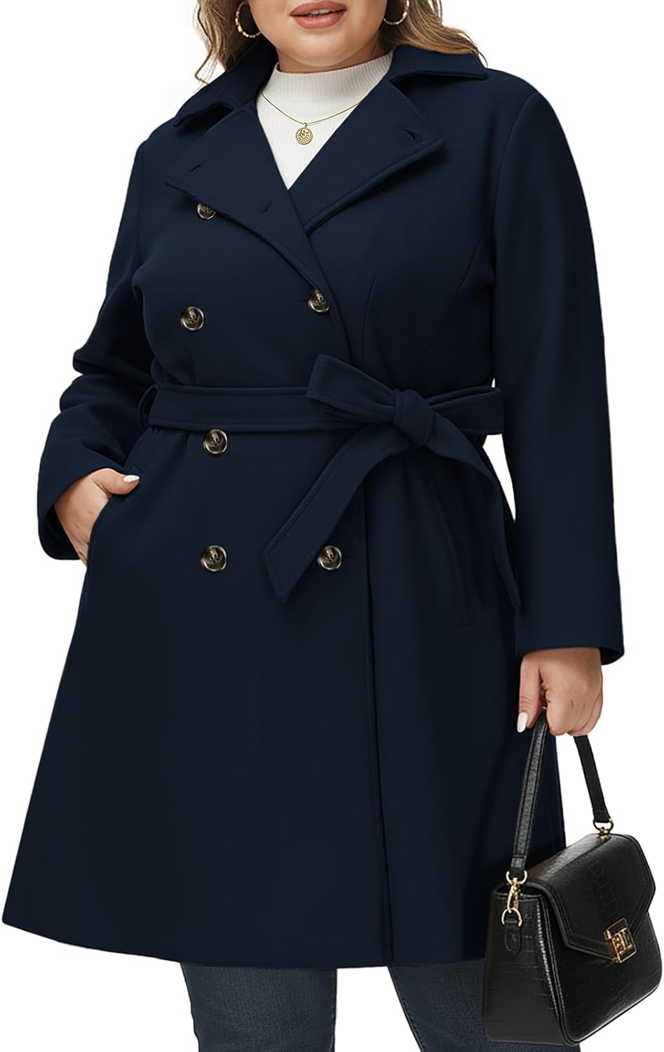 Hanna Nikole Women Plus Size Double Breasted Wool Pea Coat Notch Lapel Trench Coats Mid Long Winter Outerwear with Belt