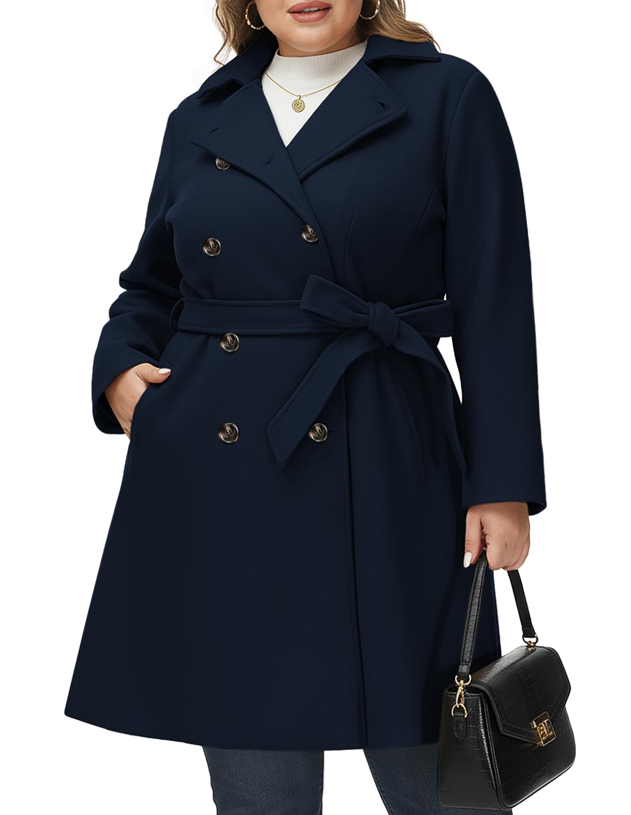 hanna nikole Women's Plus Size Wool Dress Coat with Belt Double Breasted Pea Coats Mid-Long Trench Coat-picture-33