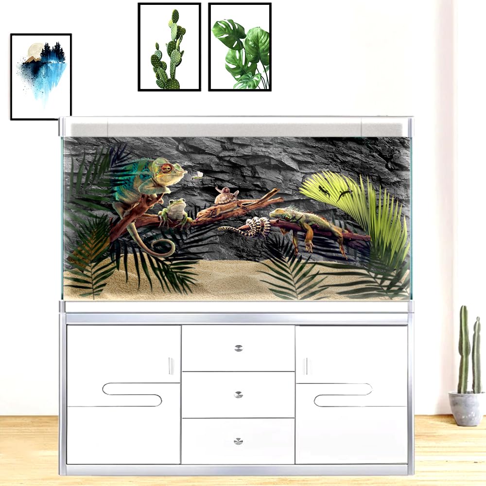 Pinpai 48X24 Inches Black Rock Fish Terrarium Background, Reptile Snake Habitat Terrarium Background Decor, Slate Rocks Durable Polyester Background
