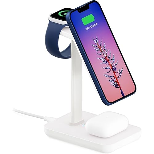 Twelve South HiRise 3 | 3-in-1 Magnetic Charging Station for MagSafe iPhones, AirPods and Apple Watch + 5 ft USB-C Cable (White)