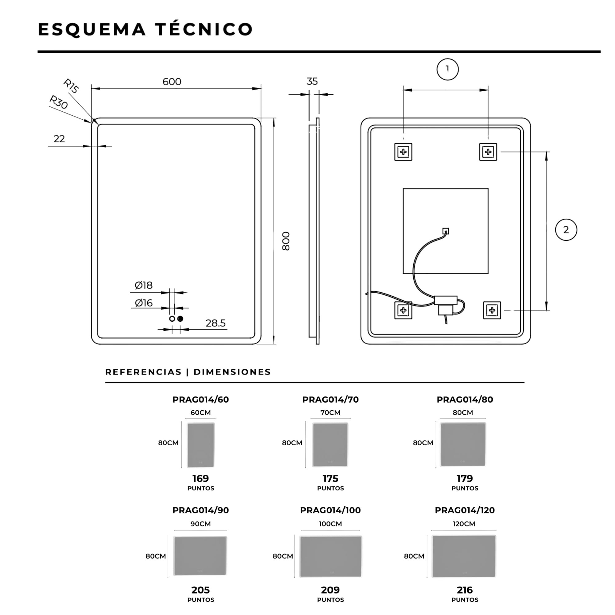 NOLUXA LEDIMEX - Espejo Retroiluminado 90x80cm con Luz LED y Antivaho para Baño | Espejo Inteligente Rectangular con Luz Integrada Frontal Fría 6500k y Sensor ON/Off | Serie Praga