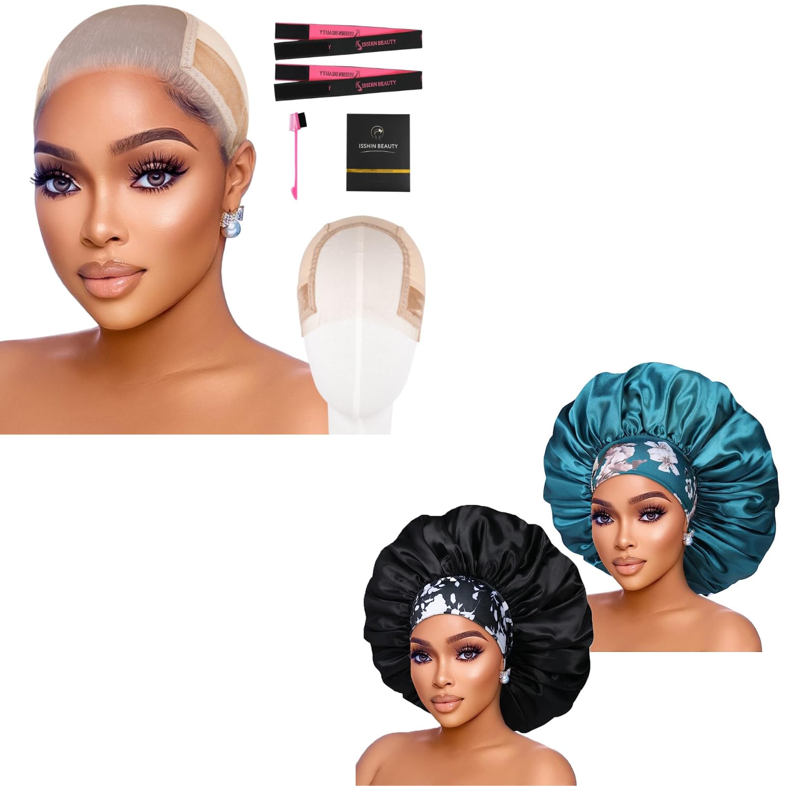 2pcs Extra Large Black & Teal Satin Bonnet with Light Brwon Wig Grip Cap