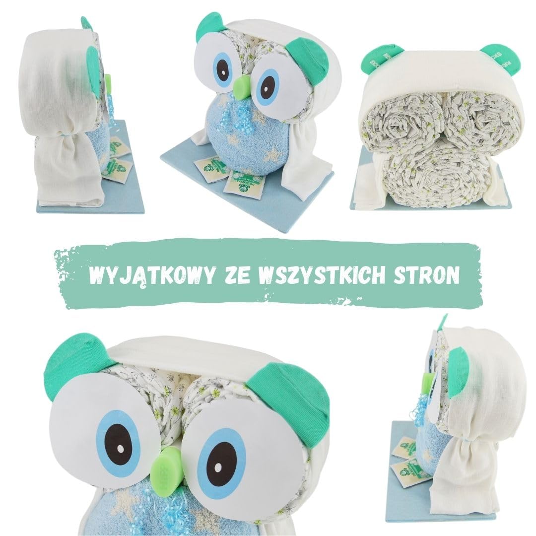 myBambini ® pieluszka tort sowa niebieska/chłopiec - prezent na baby shower dla noworodka - skarpetki niemowlęce pierwsze wyposażenie 0 miesięcy chusteczki nawilżane dla noworodków -...