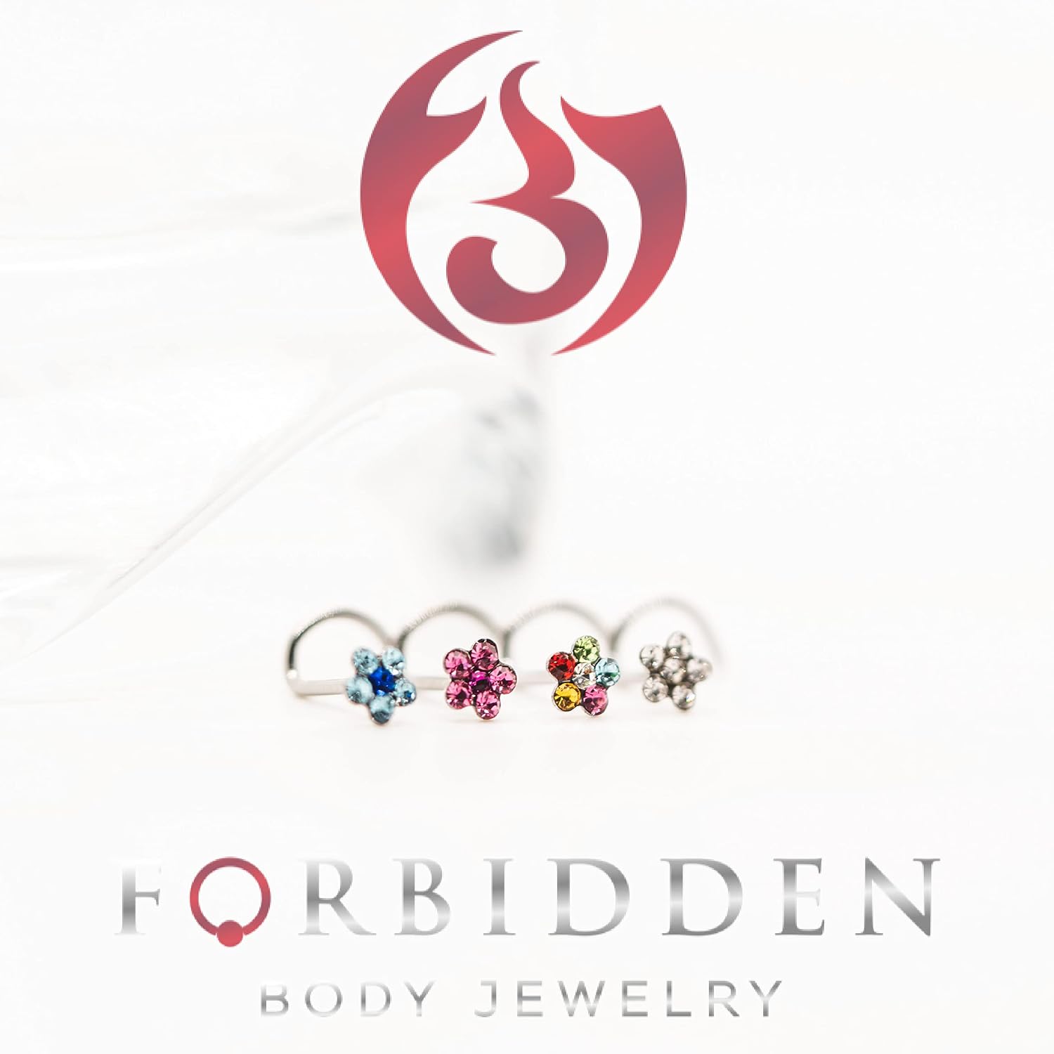 Forbidden Body Jewelry Flower Nose Ring, Stud - Surgical Steel Crystal Flower, Top Nose Stud (18g-20g)