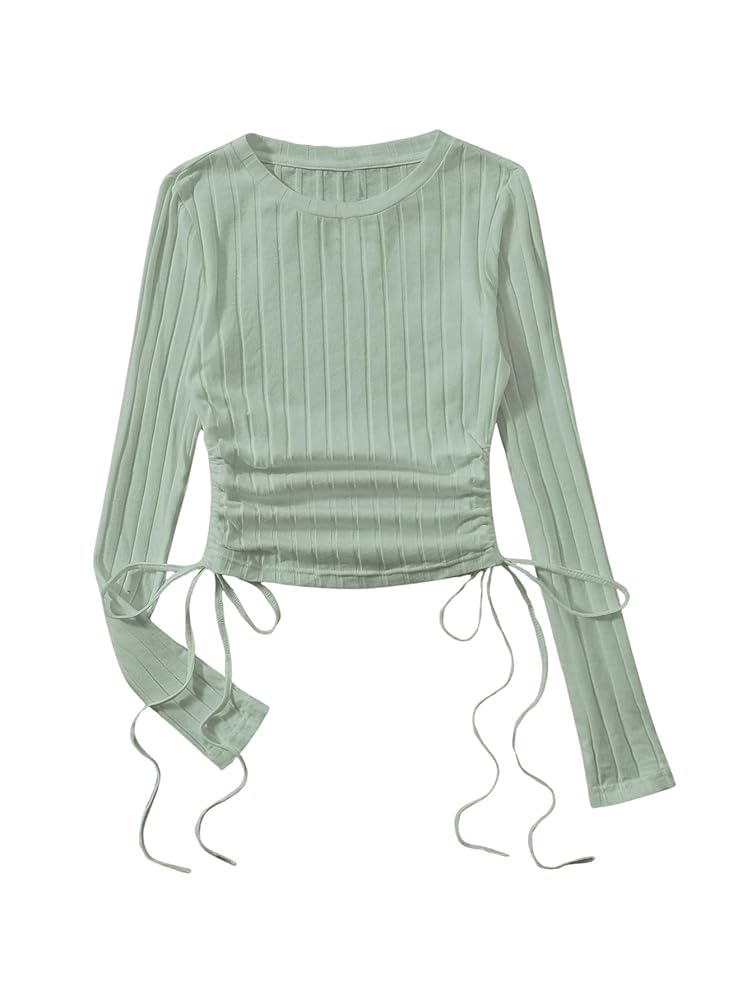 dDdDdDd　BIG DRAWSTRING LONG-SLEEVE T OYOANGLE Women's Long Sleeve Crop Top Ribbed Knit Drawstring