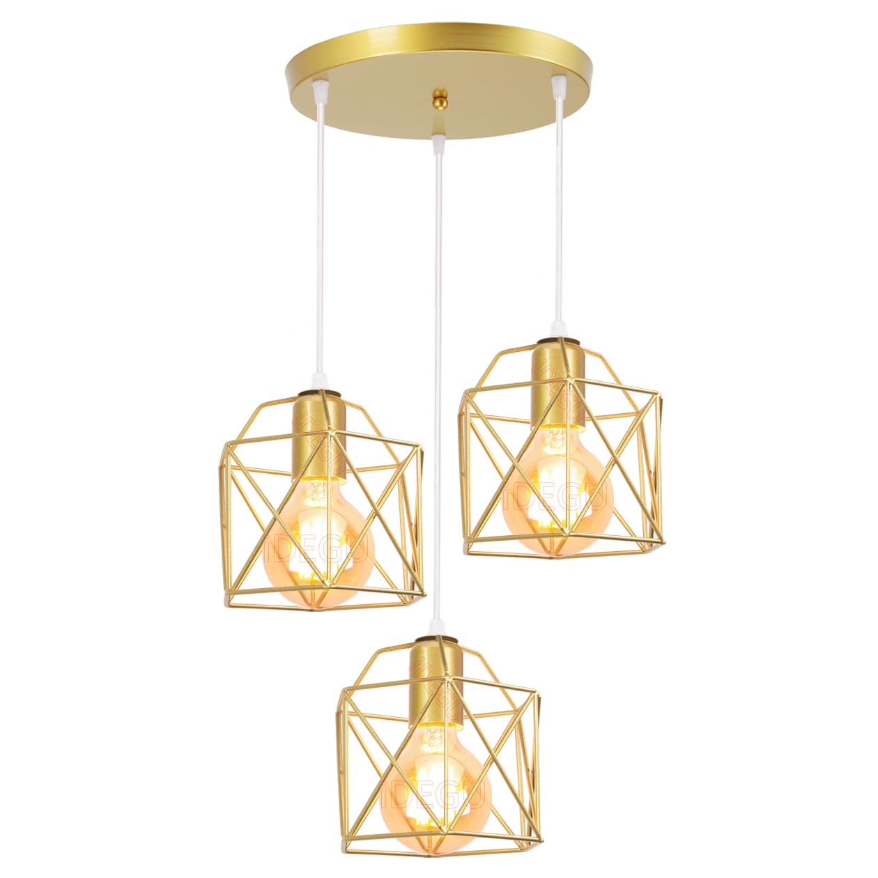iDEGU 3 Luces Lámpara Colgante Vintage E27 Iluminación de Techo Retro Pantalla de Metal Diseño Jaula Geométrica Lámpara de Techo Industrial para Dormitorio, Comedor, Salon, Comedor (Redondo, Dorado)