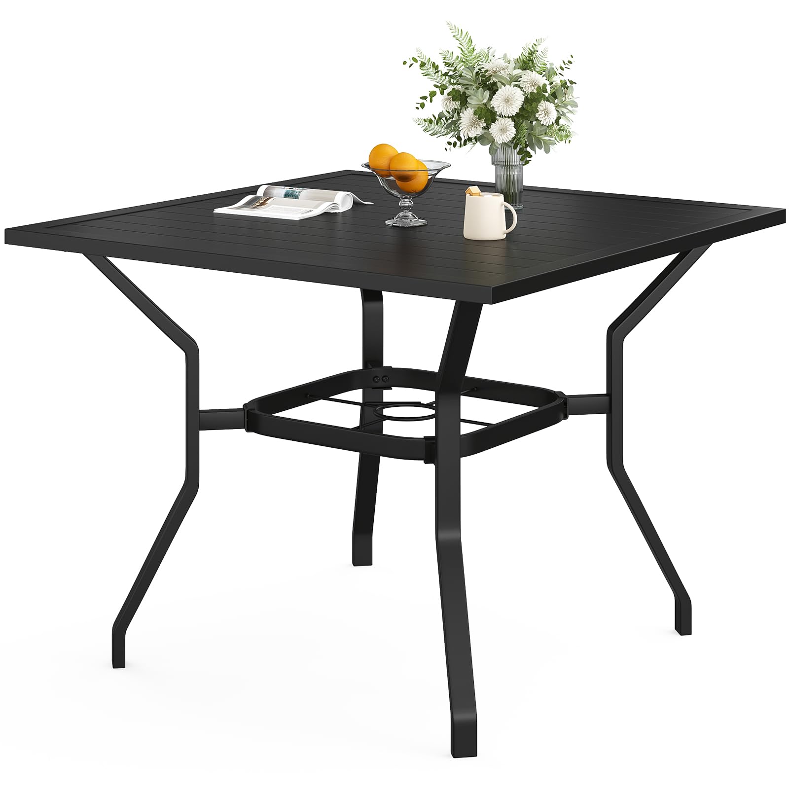 STARY 37 inch Black Square Outdoor Metal Patio Table with 1.57" Umbrella Hole