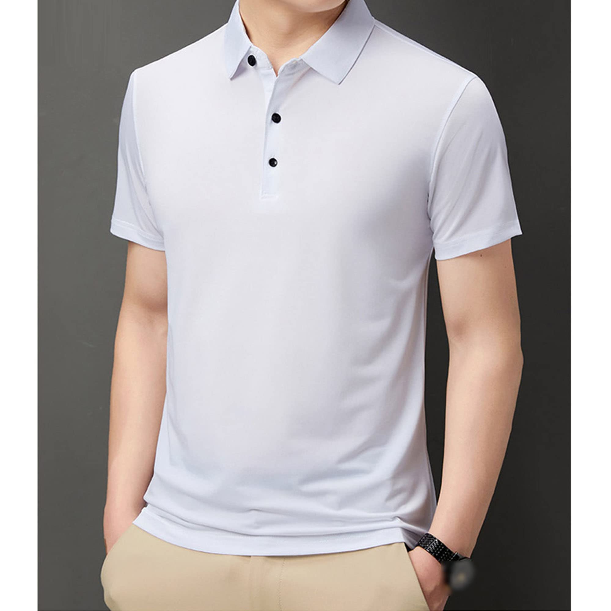 Men's Business Button Knit Shirt Regular-Fit Lightweight Short Sleeve Golf Collared Shirts Casual T-Shirts for Men (White,X-Large)
