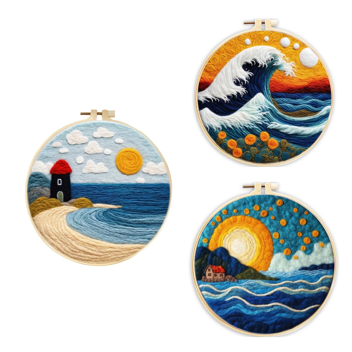 PRUGERAHER 3 Sets Wool Felt Sets Seascape Scenery Needle Felting Kits DIY Handmade Wool Felt Painting Kits Home Decor Needle Felt Starter Sets Gifts with Instructions and Foam Pad for Beginners (Red)