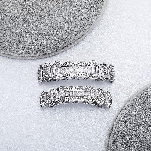 JINAO 8 Tooth Grillz 14K Gold Plated Iced Out Baguette Round Simulated Diamond Grills for Your Teeth for Men Women4