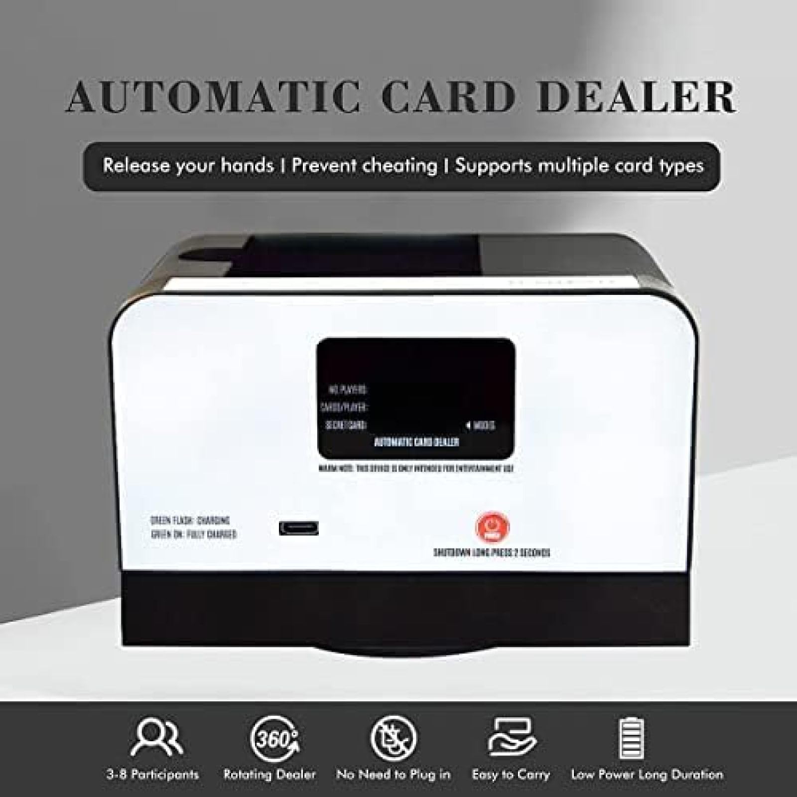 Card Dealer & Shuffler 360° drehbare Maschine mit 4 kabellosen Tasten – wiederaufladbar für UNO, Blackjack, Texas Hold'em