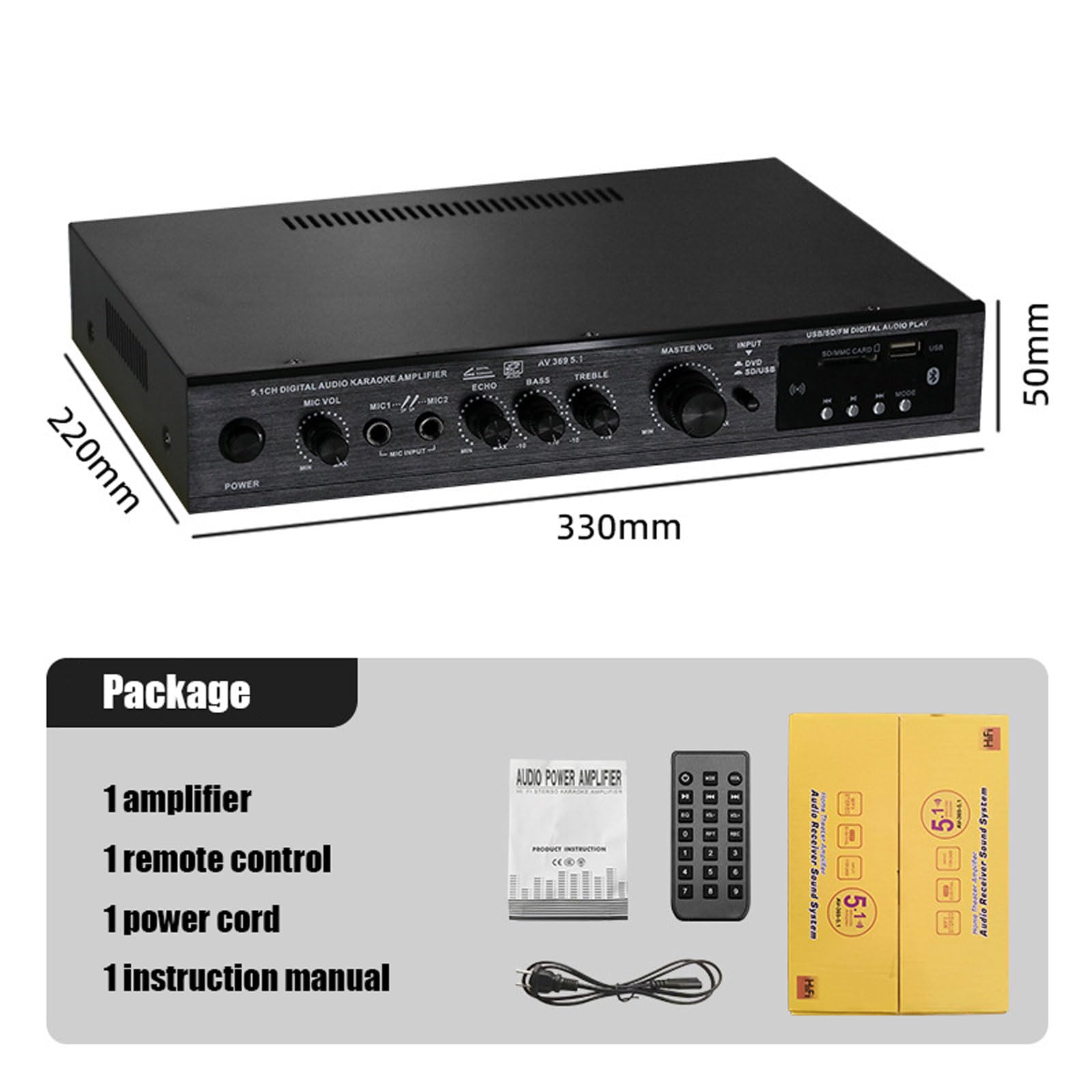 Amplificateur numérique 5.1 canaux avec Bluetooth, fente pour carte USB/CD, réglage de la réverbération, pour la maison et les spectacles
