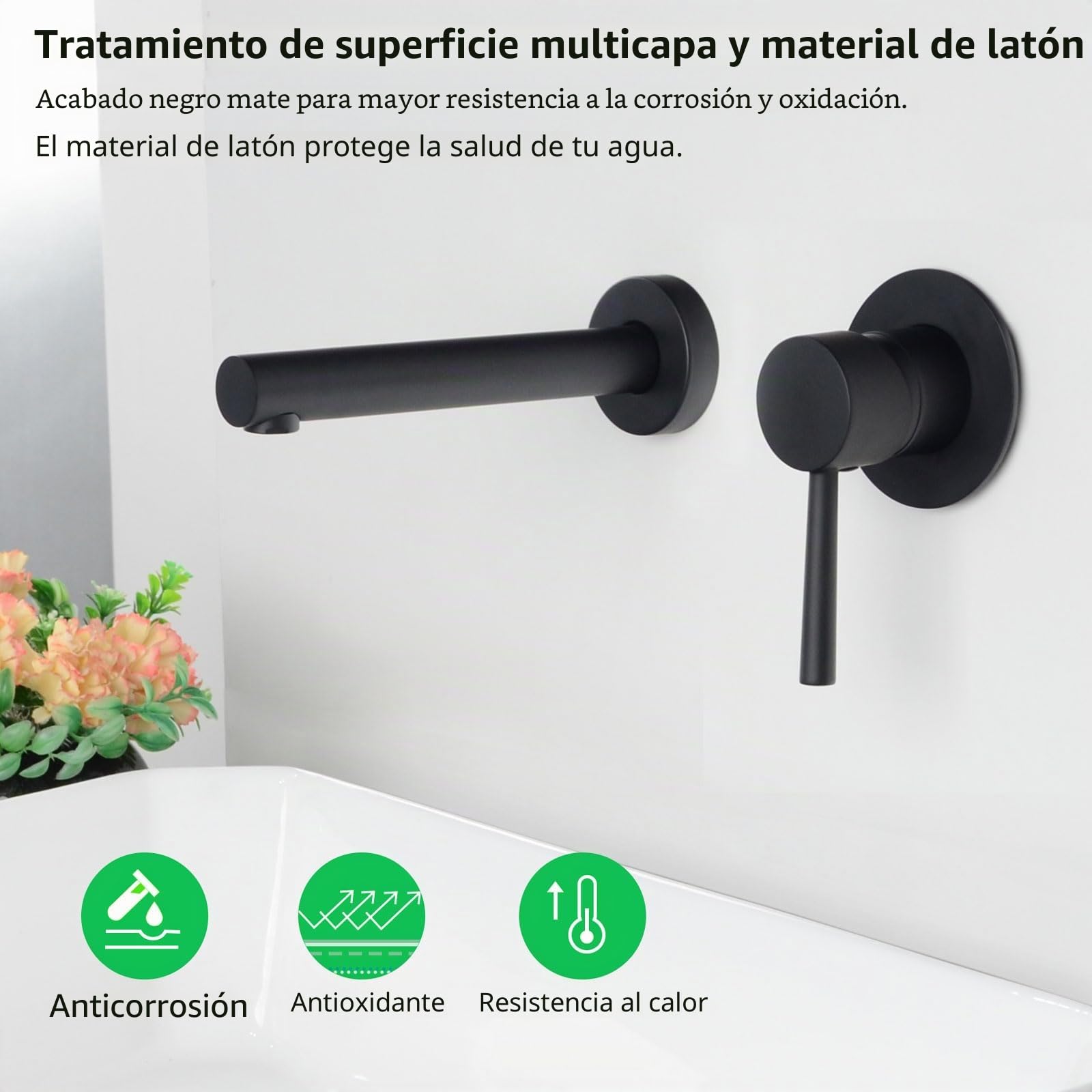 PHASAT Grifo de baño, Grifo de lavabo de doble agujero de montaje en pared, Grifo mezclador monomando para lavabo negro PTMP08B