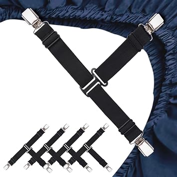 Upgrade Design Sheet Straps 4 PCS Bed Sheet Clips Adjustable Sheet Holders for Corners Fitted Sheet Clips Black