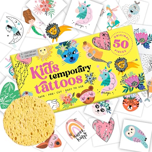 Kids Temporary Tattoos Fairytale Style, 50 Pcs Original Kid Tattoos, Pre-Cut, Hypoallergenic Designs Safe & Fun Gift for Boys & Girls