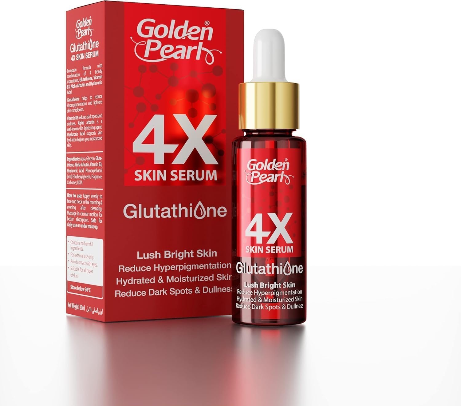 Golden Pearl 4X Skin Serum with Glutathione, Vitamin B3, Alpha Arbutin and Hyaluronic Acid, Anti Dark Spots and Hyperpigmentation, 30ml
