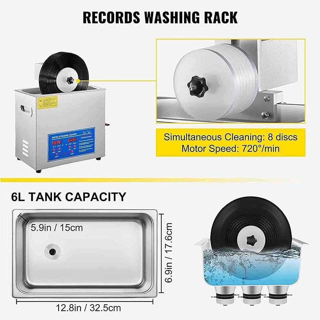 Limpiador ultrasónico de discos de vinilo de 180 W, 6 L, limpiador ultrasónico portátil, con temporizador digital y calentador, temperatura ajustable/acero inoxidable 304, para joyería, reloj, gafas