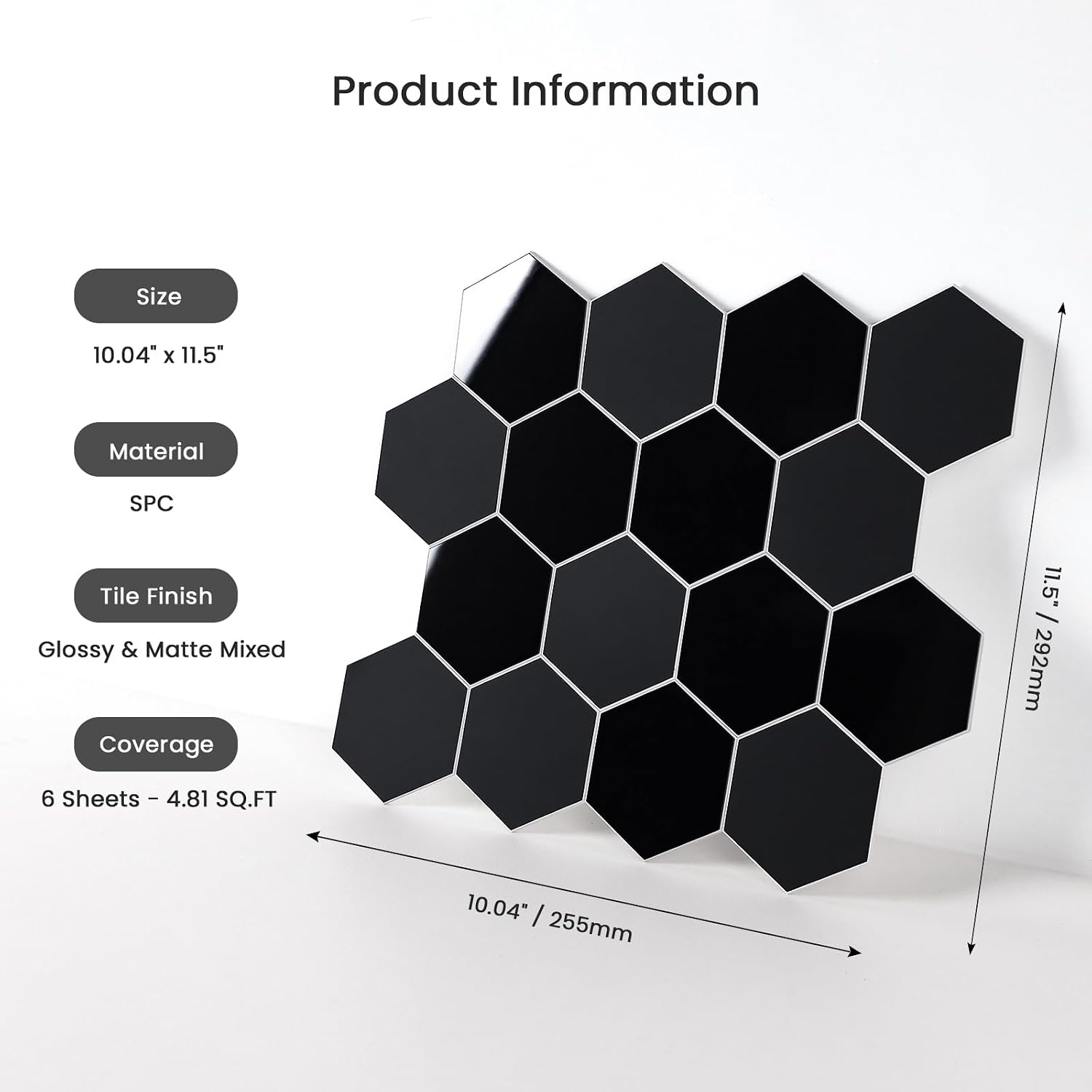 Black Peel and Stick Backsplash Hexagon Tile, 6-Sheet