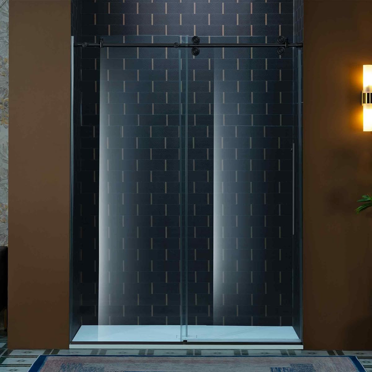Woodbridge 56-60" W x 80" H Frameless Single Sliding Shower Door with Double Rollers,3/8(10mm) Tempered Glass with Explosion Proof Film in Matte Black Finish