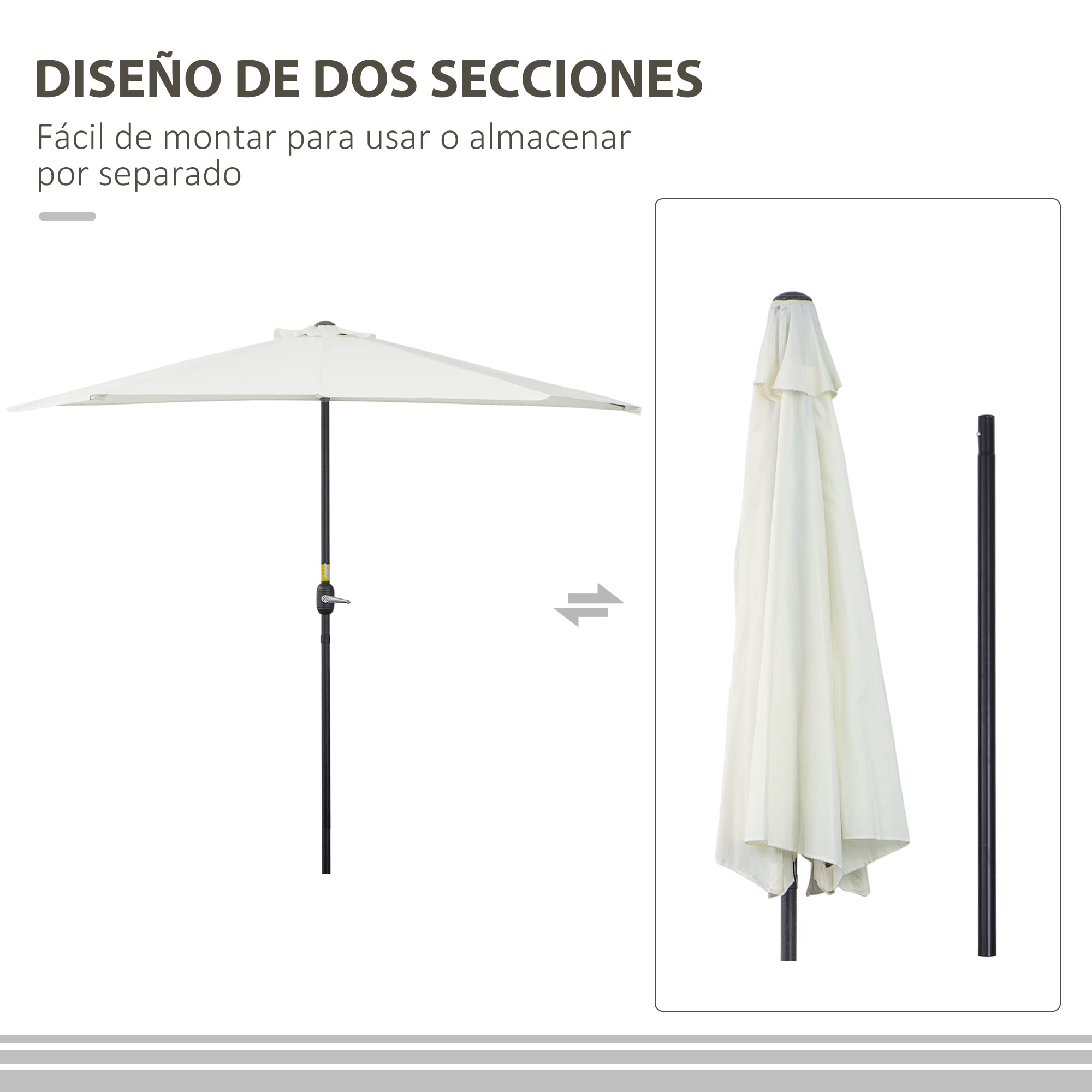 Outsunny Sombrilla 269x138x236 cm Parasol de Jardín con Manivela y Forma Semicircular Tela Poliéster 180 g/m² para Exterior Terraza Patio Piscina Crema