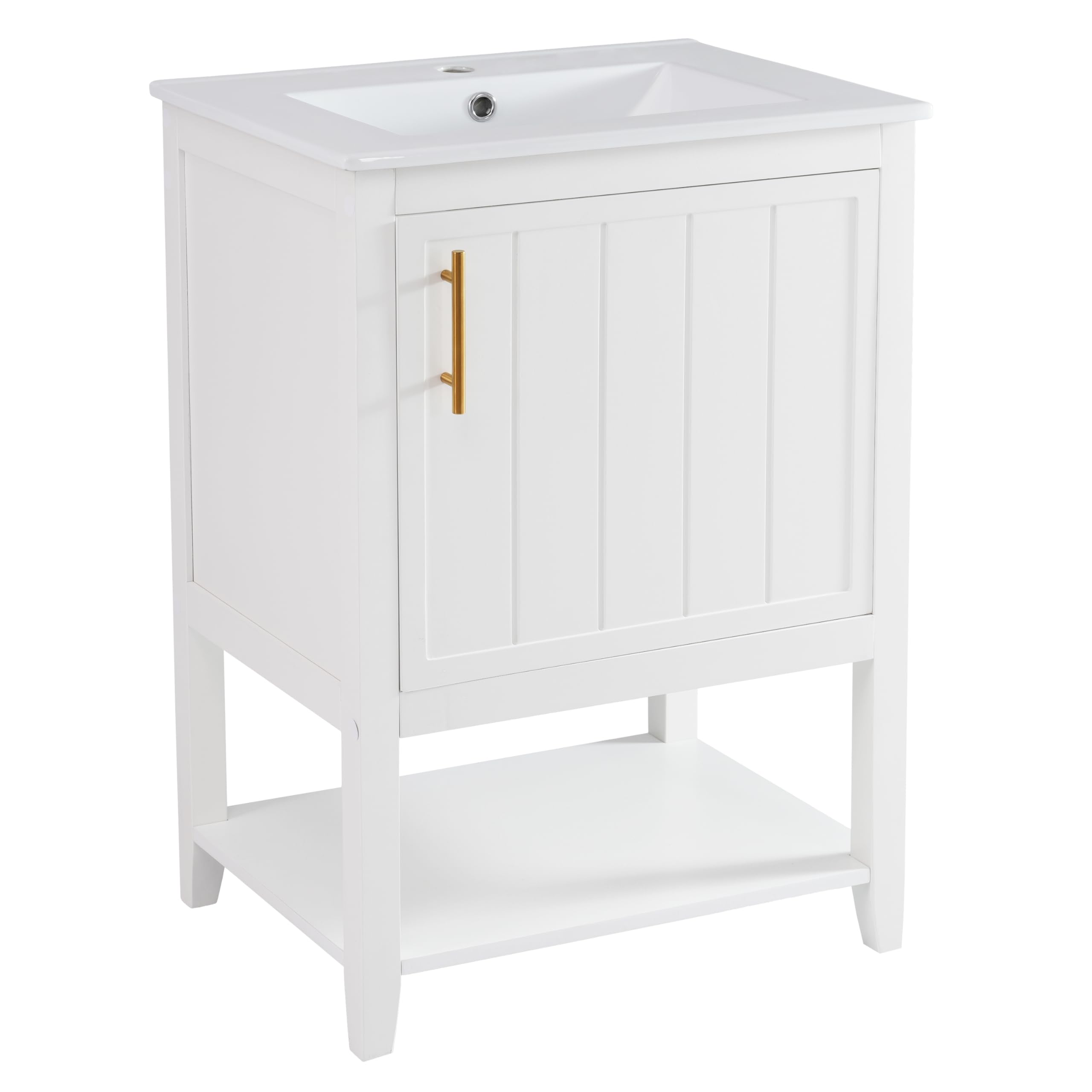 Lexiou Mueble de baño individual para lavabo de 60 cm con lavabo de cerámica, con estante (blanco)