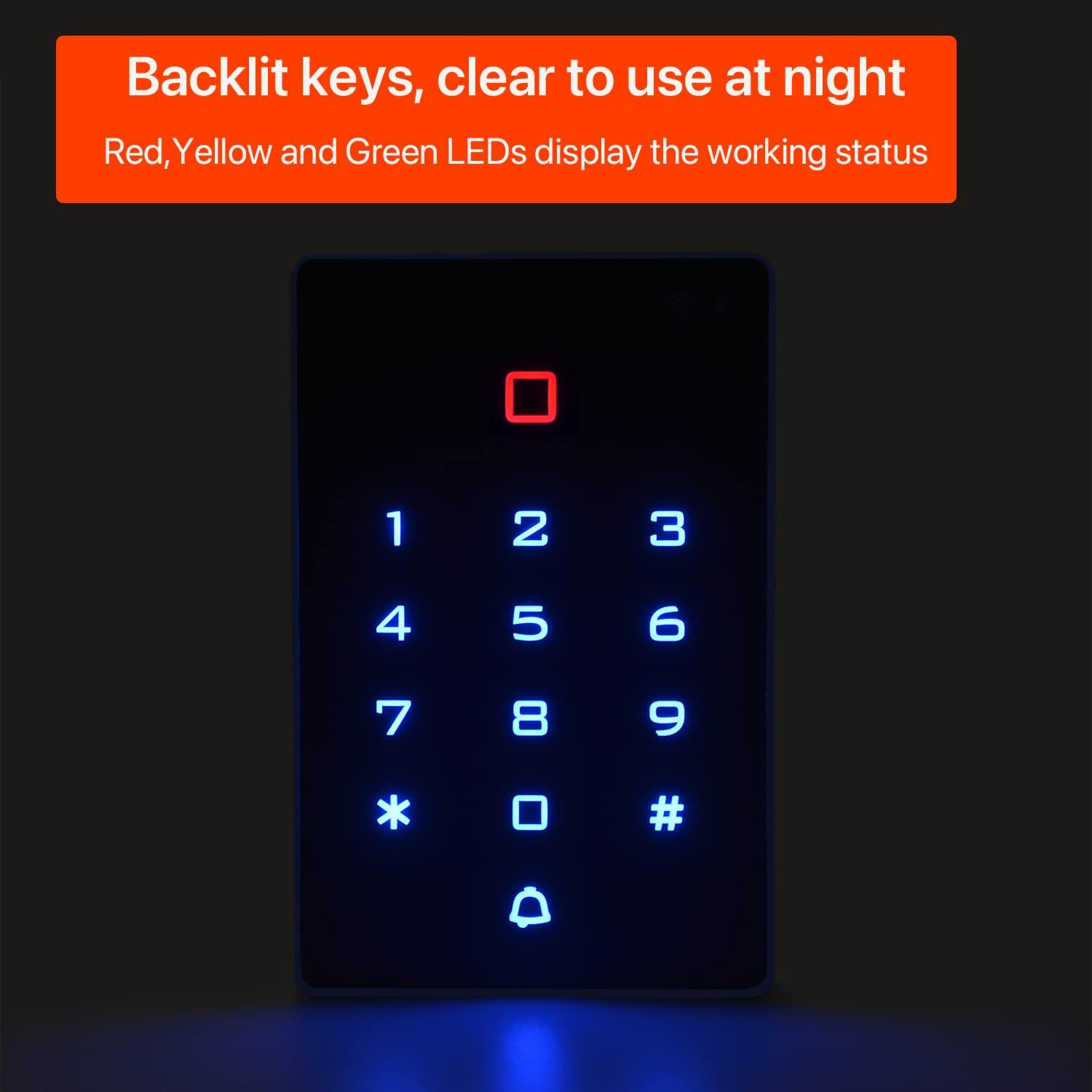 Backlit keys on the AMOCAM Access Control Keypad.