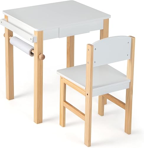 Miniatura 9 de HONEY JOY Juego de mesa y silla para niños, escritorio y silla de madera con cajón, soporte para rollo de papel y 2 rotuladores, juego de mesa de