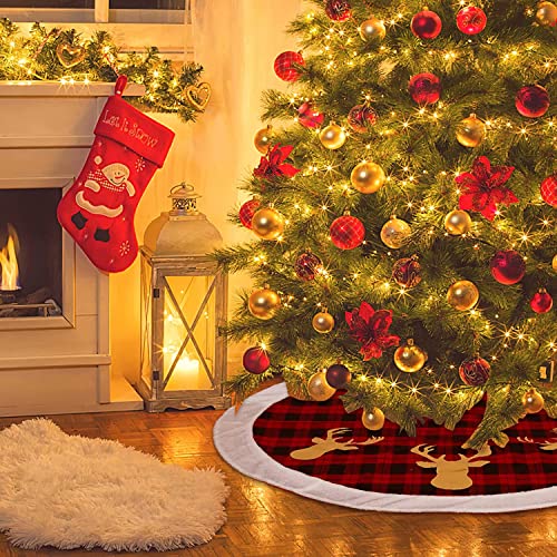 Black Red Buffalo Plaid Tree Skirt 48in Christmas Tree Skirts for Holiday Party Tree Skirt Double Layers Checked Tree Skirts, Christmas Tree Decorations