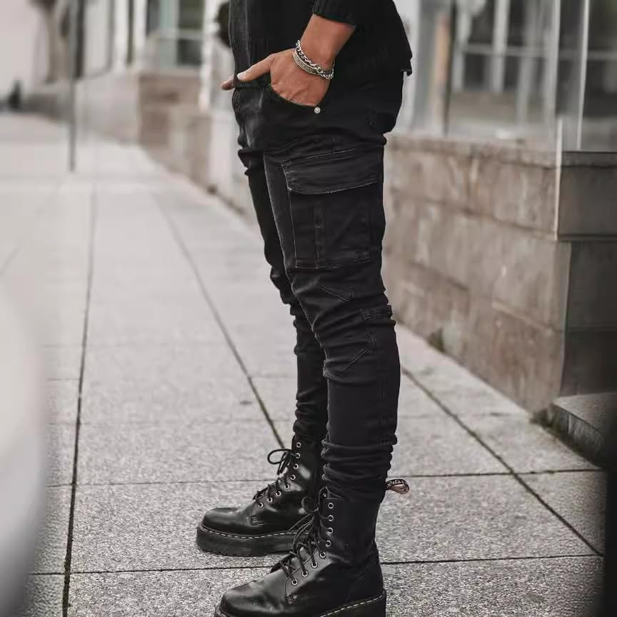 ABSECAI Mens Fashion Slim Fit Skinny Hip Hop Cargo Straps Jeans4