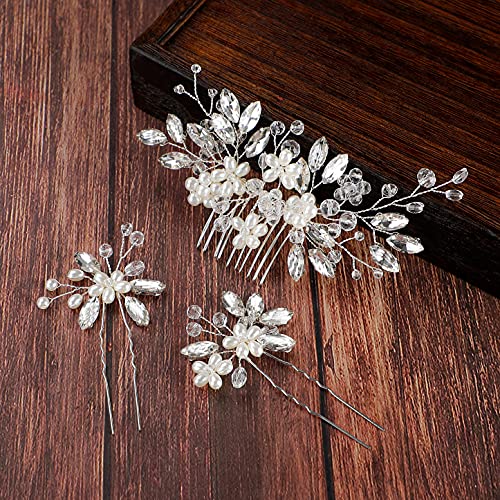 3 Pieces Bride Wedding Hair Pins Bridal Rhinestone Hair Clips Pearl Hair Combs Wedding Hair Accessories Elegant Hair Pieces For Women Girls Hair Decoration Supplies, 3 Types (Silver) #TOP8
