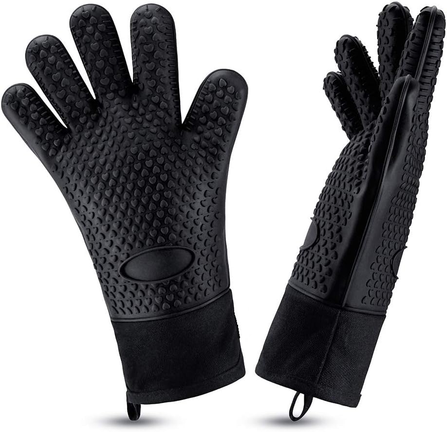 BBQ Gloves (2Pcs Set), Grilling Gloves Heat Resistant Oven Gloves, Kitchen Silicone Oven Mitts, Long Waterproof Non-Slip Pot Holder for Barbecue, Cooking, Baking (Black)-image-44
