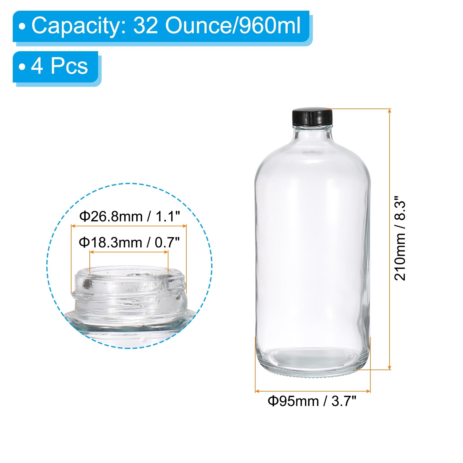 PATIKIL 4Pcs 32oz (960ml) Flacons Échantillons En Verre Noir, Transparent