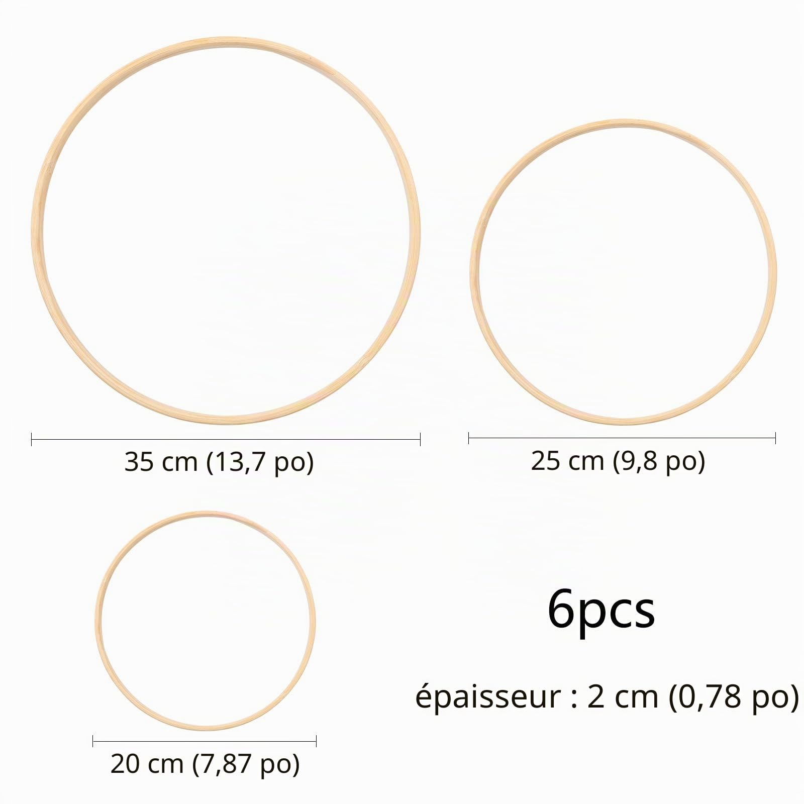 6 Pièces 3 Tailles (20/25/33 cm) Floraux Anneaux de Couronne Bambou Cerceau Bois en Macramé pour Attrape-rêves
