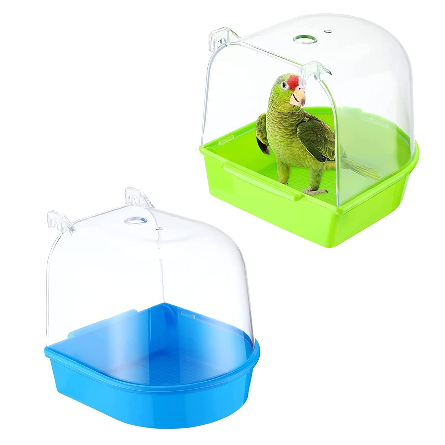 Excefore Bird Bath Box,2 Pcs Caged Parrot Bathing Tub, Parakeet Birdcage Accessory Supplies Bathroom for Small Canary Budgerigar Cockatiel Lovebird Budgies (Blue and Green)