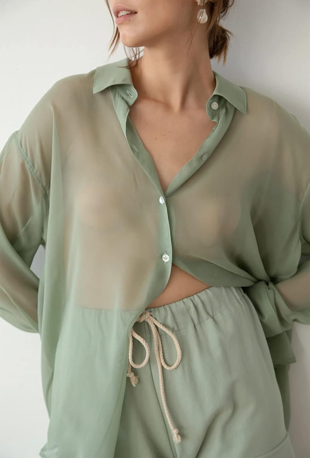 Women’s Sheer Button Up Shirt Y2K Long Sleeve Lapel V Neck Mesh Top Vintage See Through Basic Blouse Streetwear - Image 3