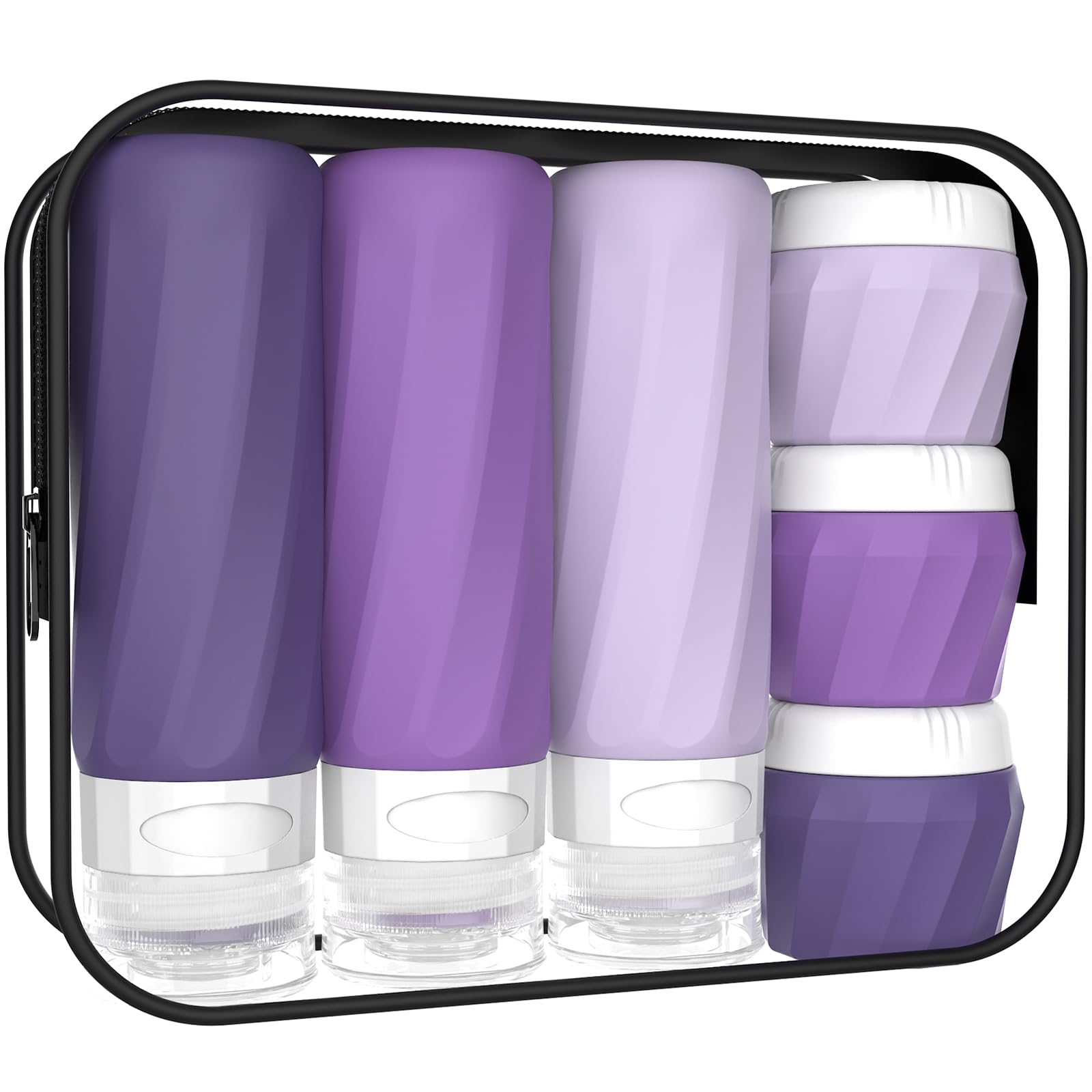Set di 6 bottiglie da viaggio per articoli da toeletta, set di contenitori da viaggio approvati TSA, senza BPA, in silicone a prova di perdite, ricaricabili e barattoli, kit essenziale da crociera in