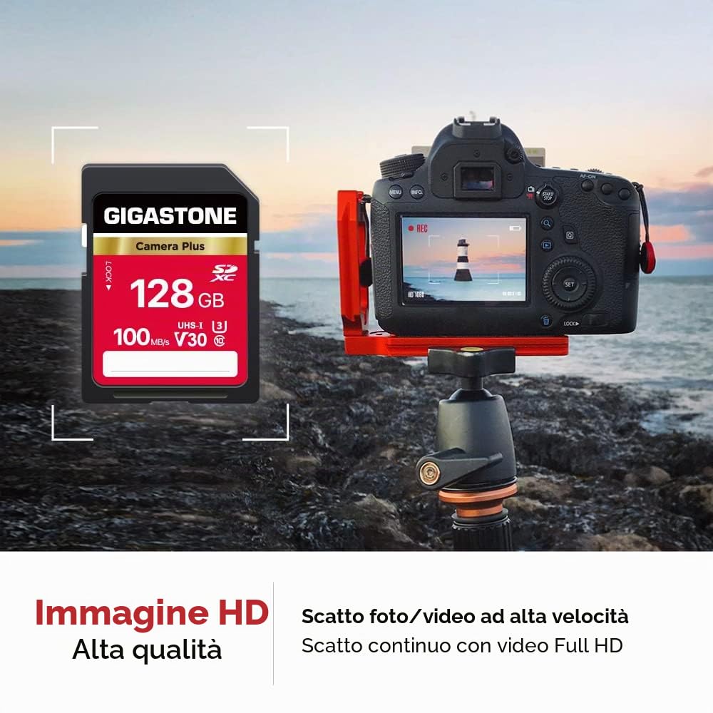 GIGASTONE Scheda di Memoria SDXC 128 GB, Set da 5, Camera Plus, Velocità 100 MB/s per Fotocamera Canon Sony Panasonic Kodak Olympus, V30 U3 UHS-I Classe 10 per 4K UHD Video, con 5 mini custodie