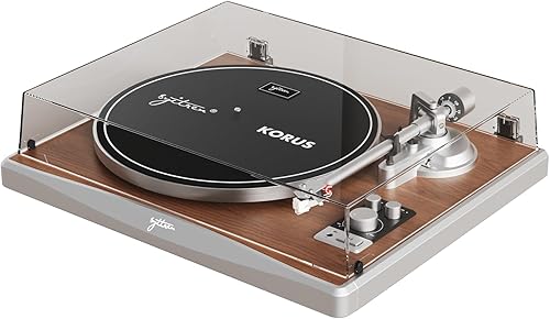 Miniatura 3 de KORUS - Tocadiscos con altavoces externos, tocadiscos Bluetooth, tocadiscos de transmisión por correa de 2 velocidades, contrapeso ajustable,