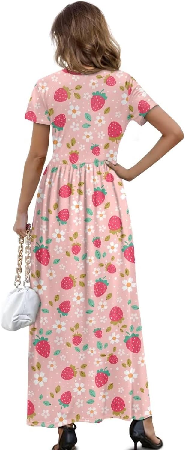 Women's Plus Size Crewneck Maxi Dress Loose Casual Short Sleeve High Waist A-Line Long Dress with Pockets S-4XL