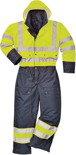 Portwest High Vis Yellow & Navy Contrast Waterproof Padded Thermal Winter Coverall (SIZE LARGE)